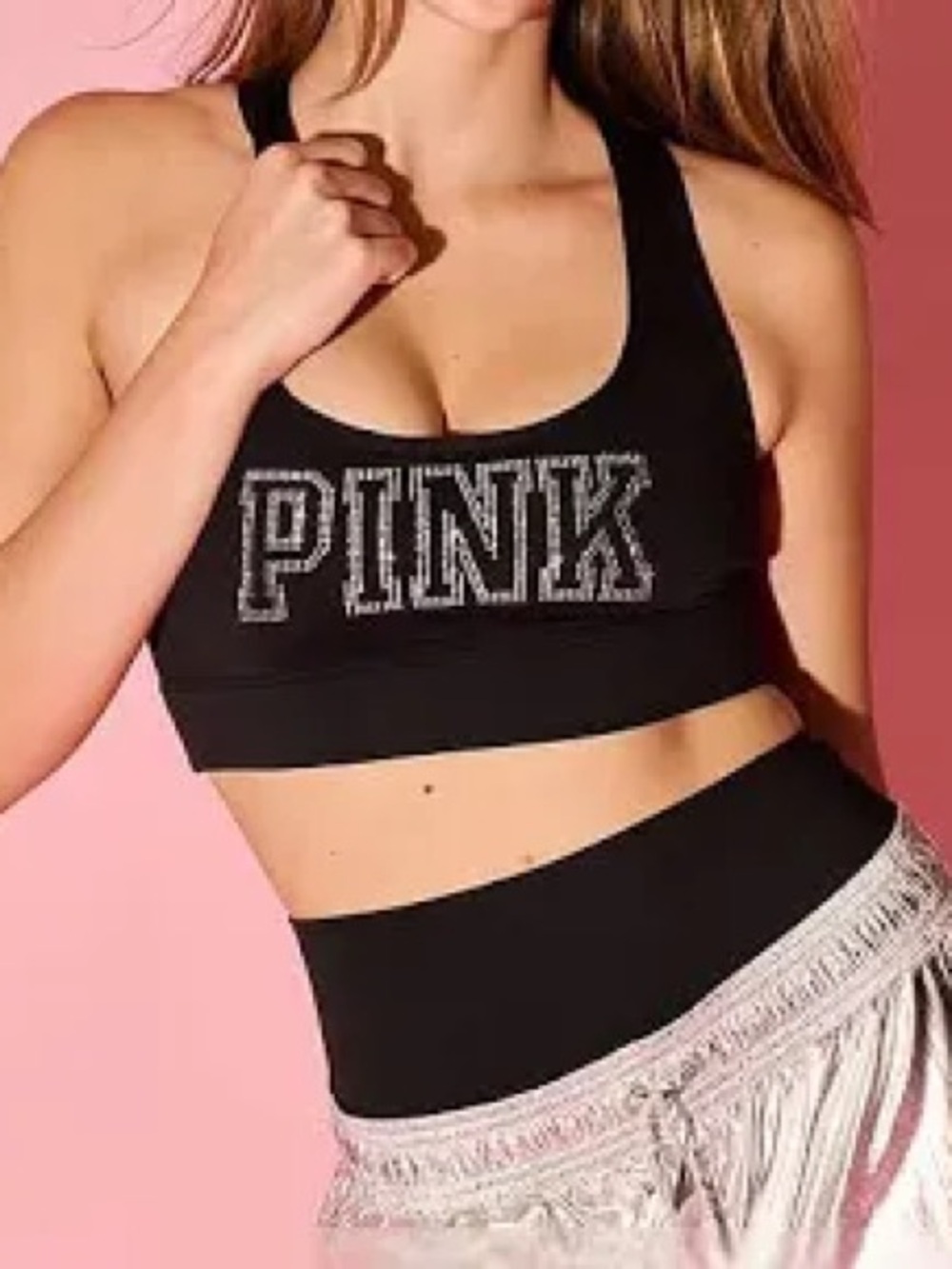 PINK Victoria's Secret Women's Black Sports Bra - Rhinestone Logo